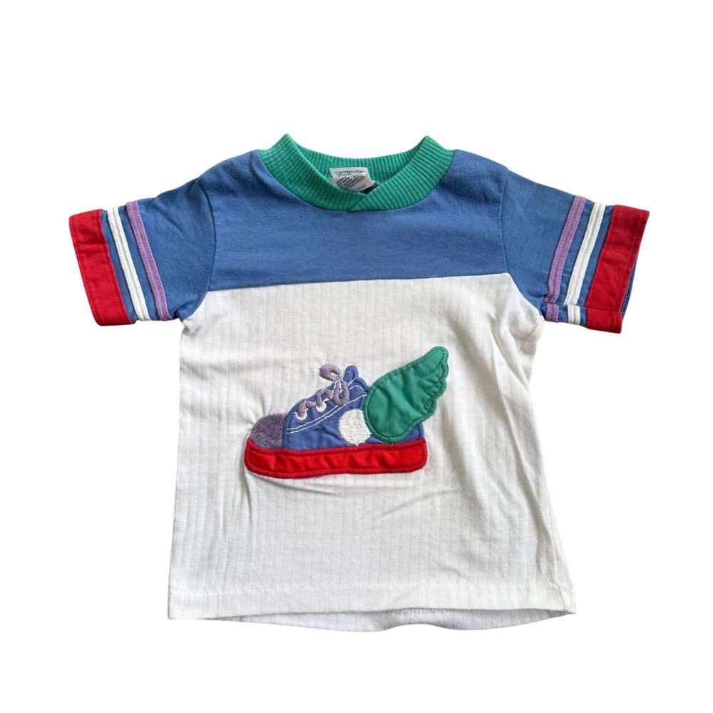 Vtg 1980s Toddler Colorblock Winged Shoe Tshirt 18M